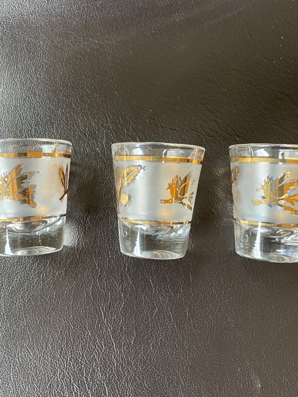 3 x Vintage Liquor Gold Leaf Bird and Berries Shot Glasses Libbey USA